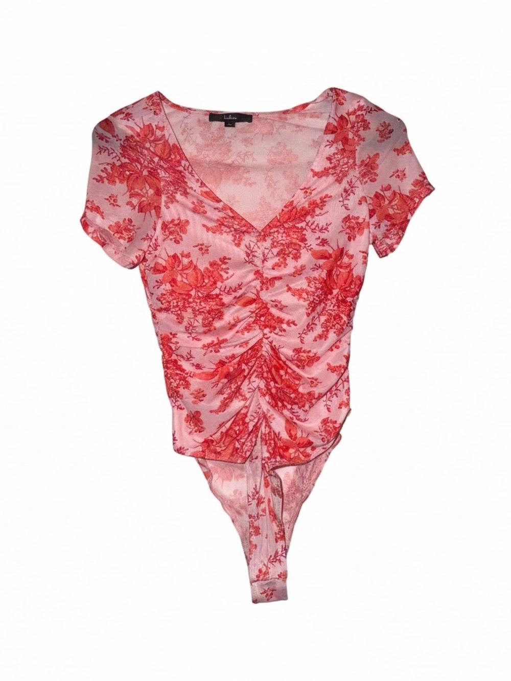 Lulu's Red and Pink Floral V-Neck Ruched Mesh Bodysuit
